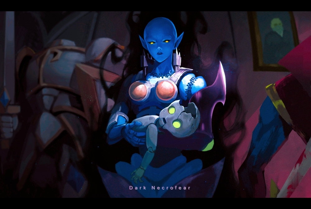 1boy, 1girl, armor, bald, bald_girl, black_sclera, blue_skin, character_name