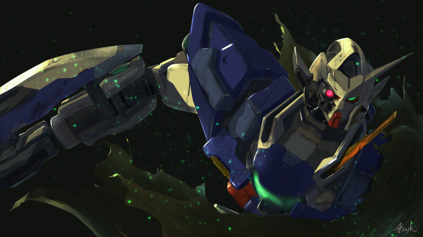 absurdres, aqua_eyes, artist_name, atsajh, cloak, damaged, glowing, glowing_eyes