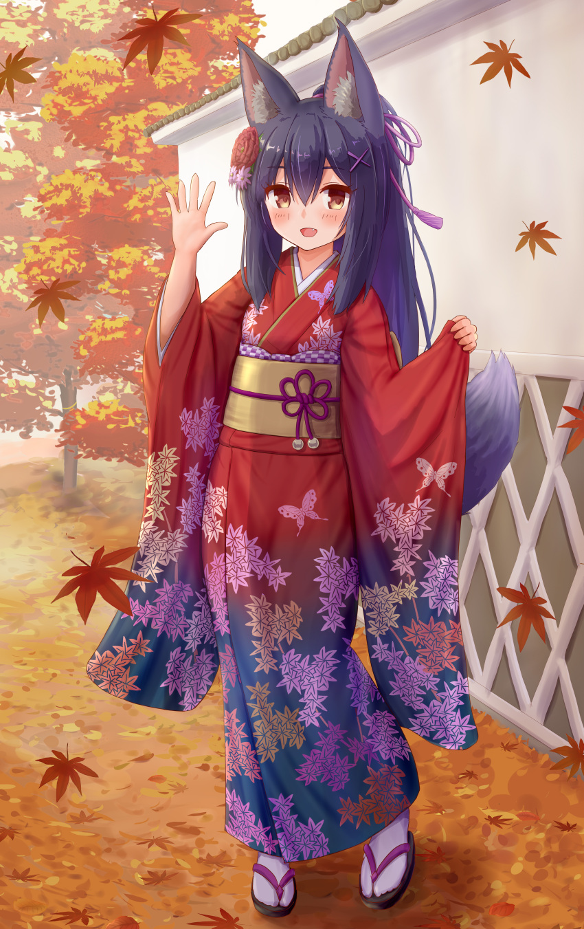 1girl, :d, absurdres, animal_ear_fluff, animal_ears, autumn_leaves, bangs, black_footwear