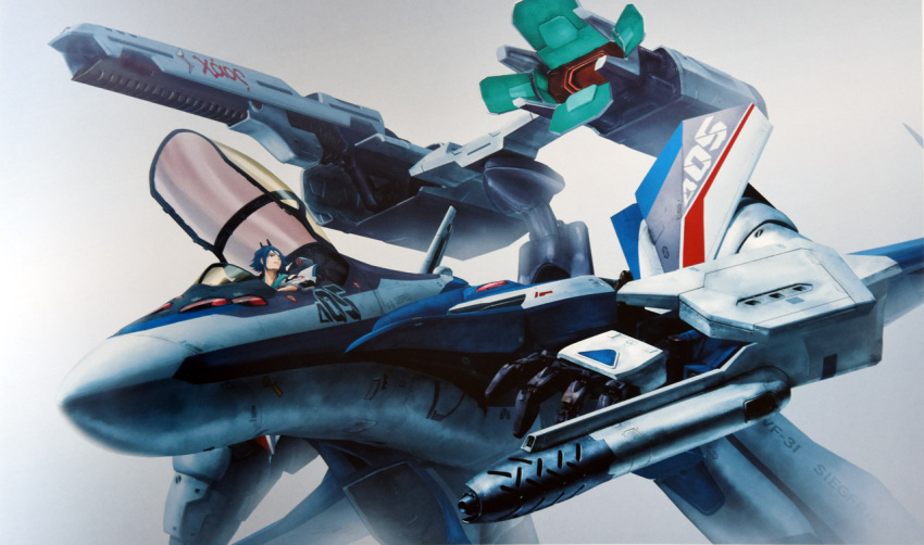 1boy, arm_cannon, blue_hair, canopy, damaged, dirty, energy_cannon, gerwalk