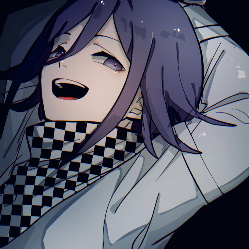 1boy, akahito_(akaironotanin), arms_behind_head, black_background, checkered, checkered_scarf, commentary_request, dangan_ronpa, hair_between_eyes, highres, leaning_back, looking_at_viewer, male_focus, muted_color, new_dangan_ronpa_v3, ouma_kokichi, purple_hair, scarf, shirt, short_hair, sidelocks, simple_background, solo, upper_body, violet_eyes, white_shirt