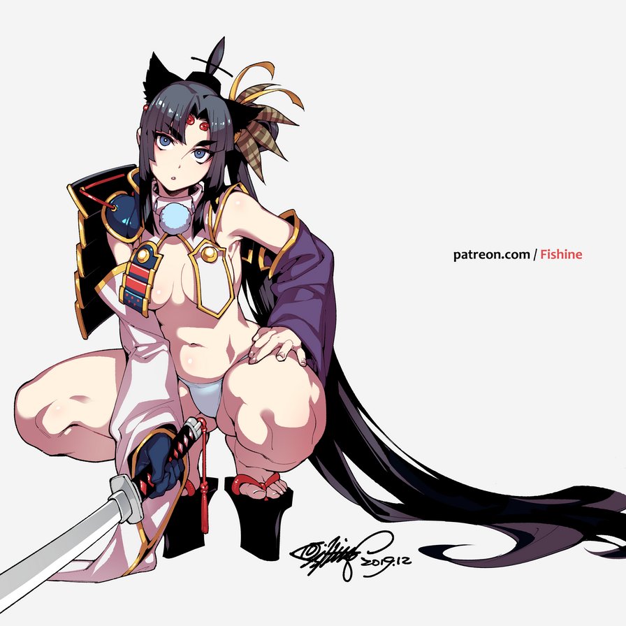 1girl, 2019, armor, bangs, black_eyes, black_hair, blue_gloves, breast_curtains
