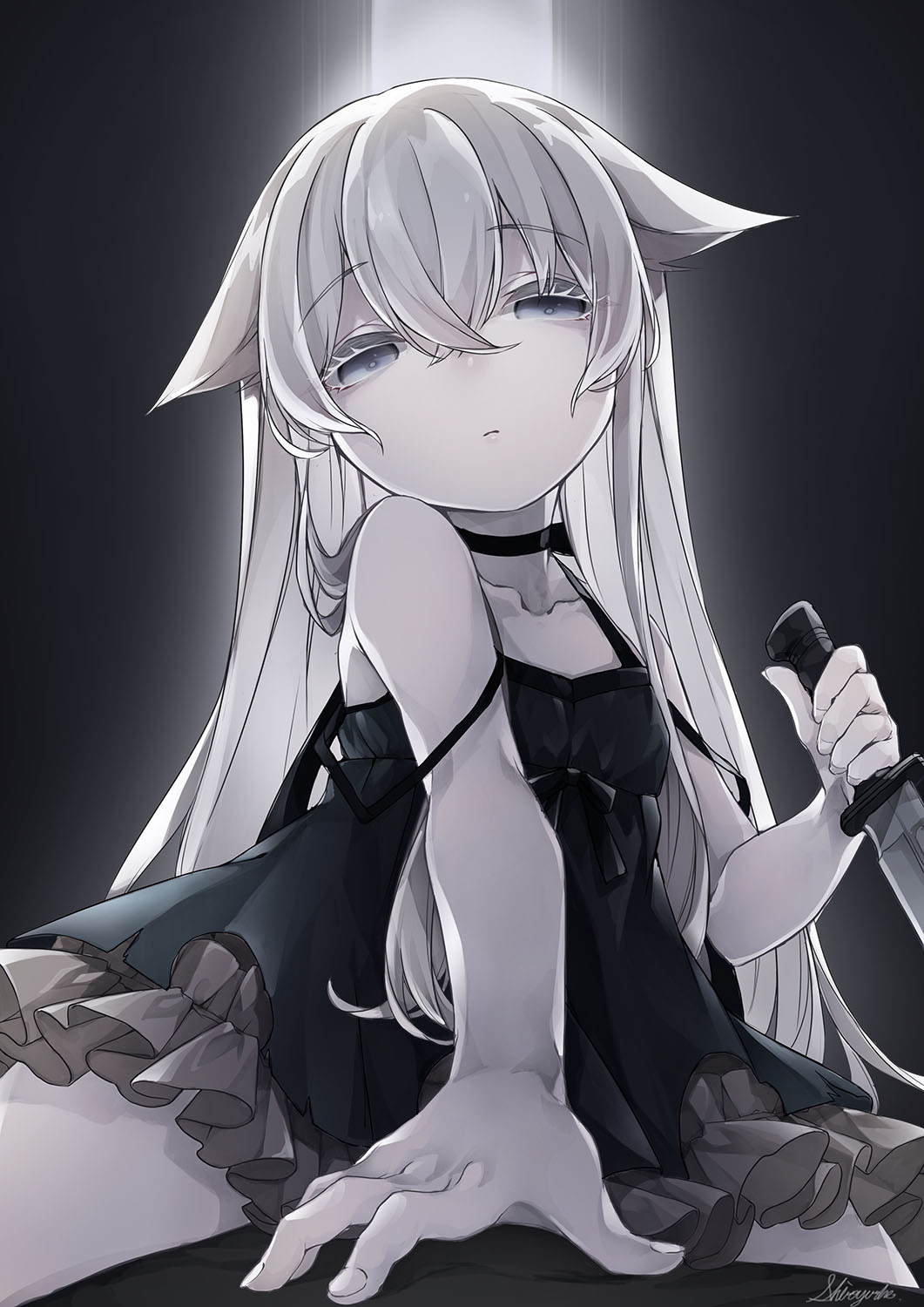 1girl, bangs, choker, commission, crossed_bangs, dress, eyebrows_visible_through_hair, girl_on_top