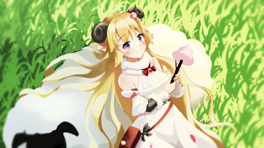1girl, animal, bangs, belt, belt_pouch, blonde_hair, branch, breasts