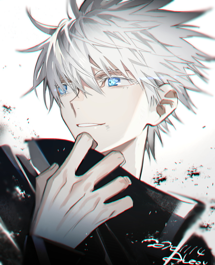 1boy, aleo, bangs, black_jacket, blue_eyes, dated, eyelashes, gojou_satoru