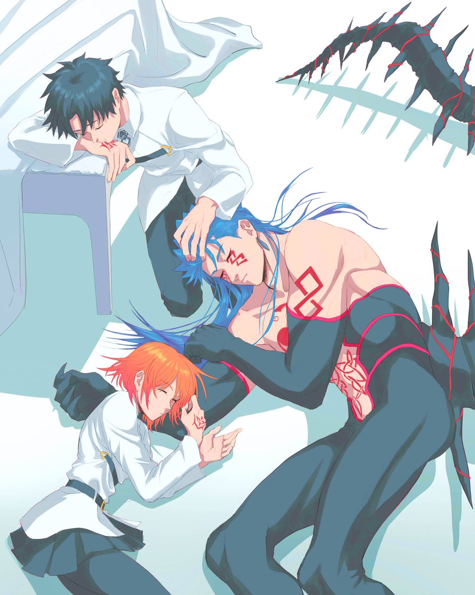 1girl, 2boys, belt, black_hair, blue_hair, bodypaint, chaldea_uniform, claws, closed_eyes, command_spell, cu_chulainn_(fate)_(all), cu_chulainn_alter_(fate/grand_order), dark_persona, earrings, elbow_gloves, facepaint, fate/grand_order, fate_(series), fujimaru_ritsuka_(female), fujimaru_ritsuka_(male), gloves, highres, jewelry, long_hair, lying, monster_boy, multiple_boys, muscle, on_side, pants, pantyhose, shirtless, short_hair, skin_tight, skirt, sleeping, spikes, spiky_hair, tail, tikarawaza