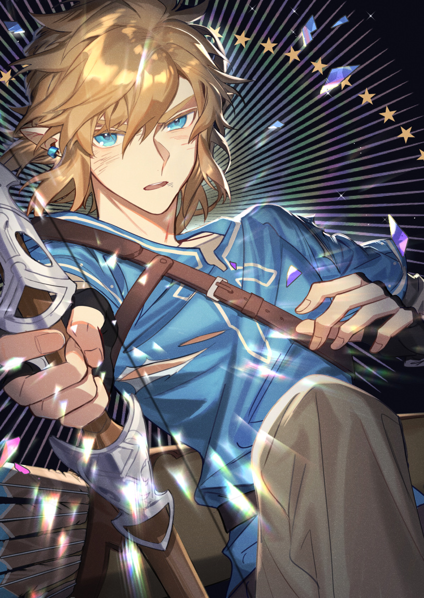 1boy, absurdres, aleo, arrow_(projectile), bangs, belt, black_background, black_gloves