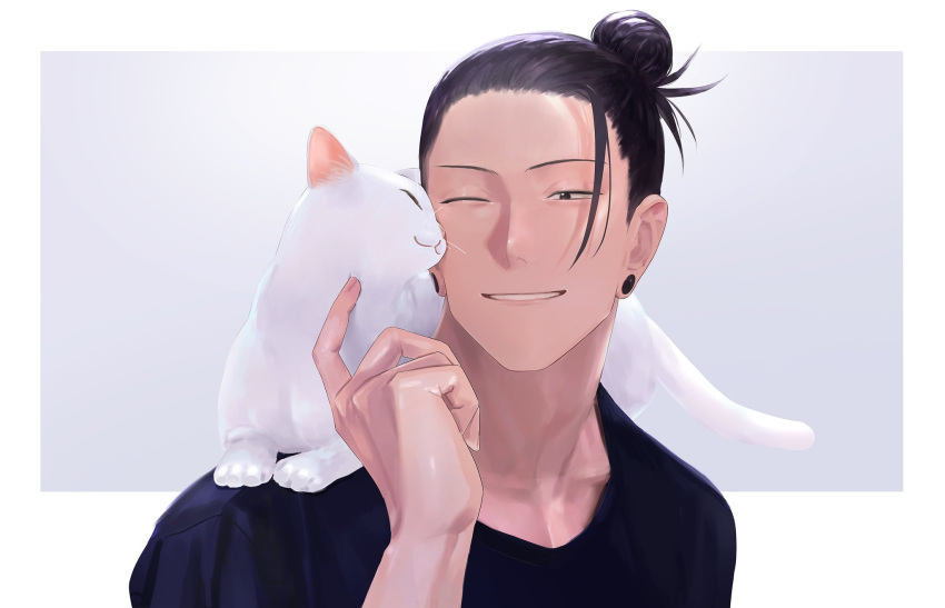 1boy, animal, black_eyes, black_hair, black_shirt, border, cat, ear_piercing