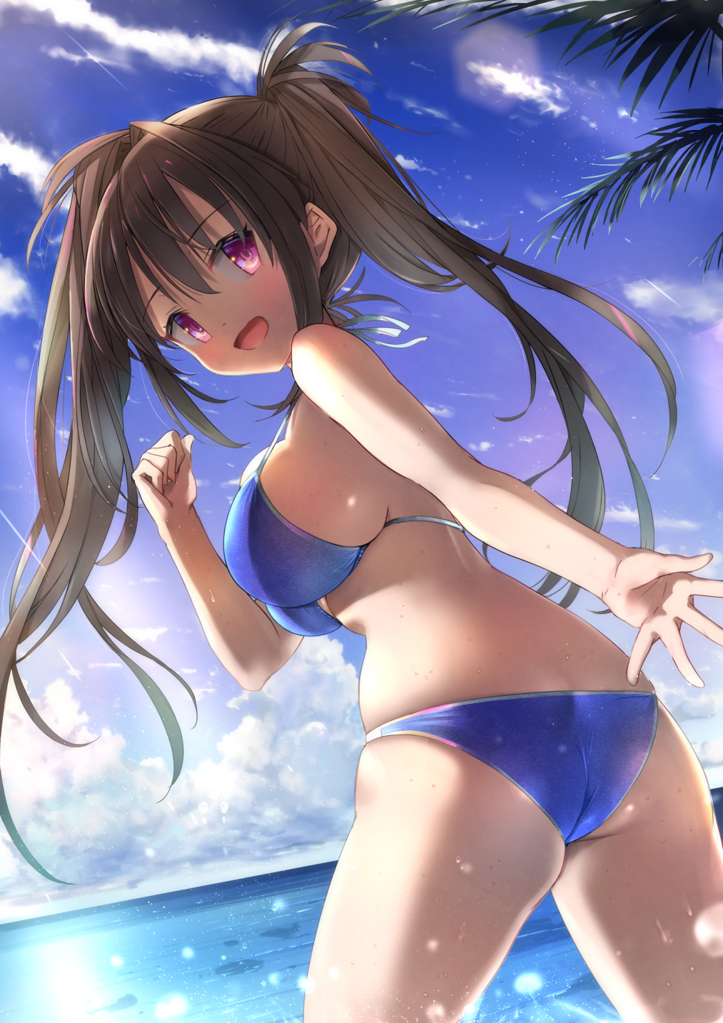 1girl, bikini, black_hair, blue_bikini, blue_sky, breasts, clouds, commentary_request