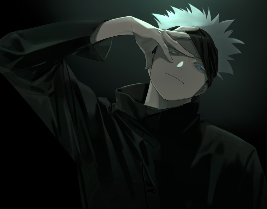 1boy, arm_up, black_background, black_jacket, blindfold, blindfold_lift, blue_eyes, closed_mouth