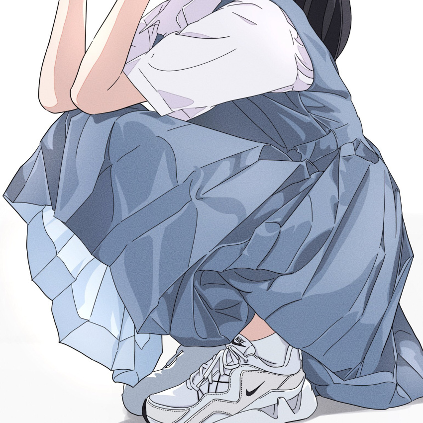 blue_dress, dress, highres, long_skirt, original, shirt, shoes, short_sleeves
