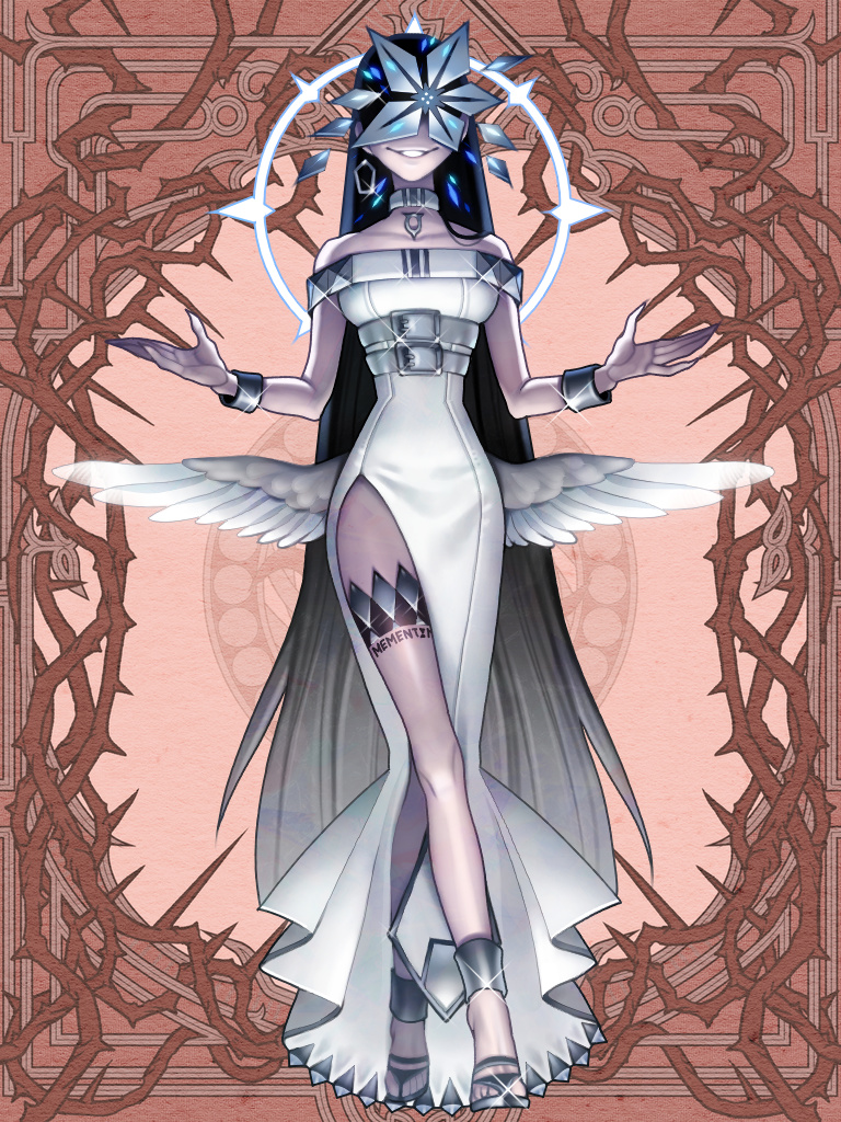 1girl, bare_shoulders, black_hair, breasts, brown_background, dairoku_youhei, dress, earrings