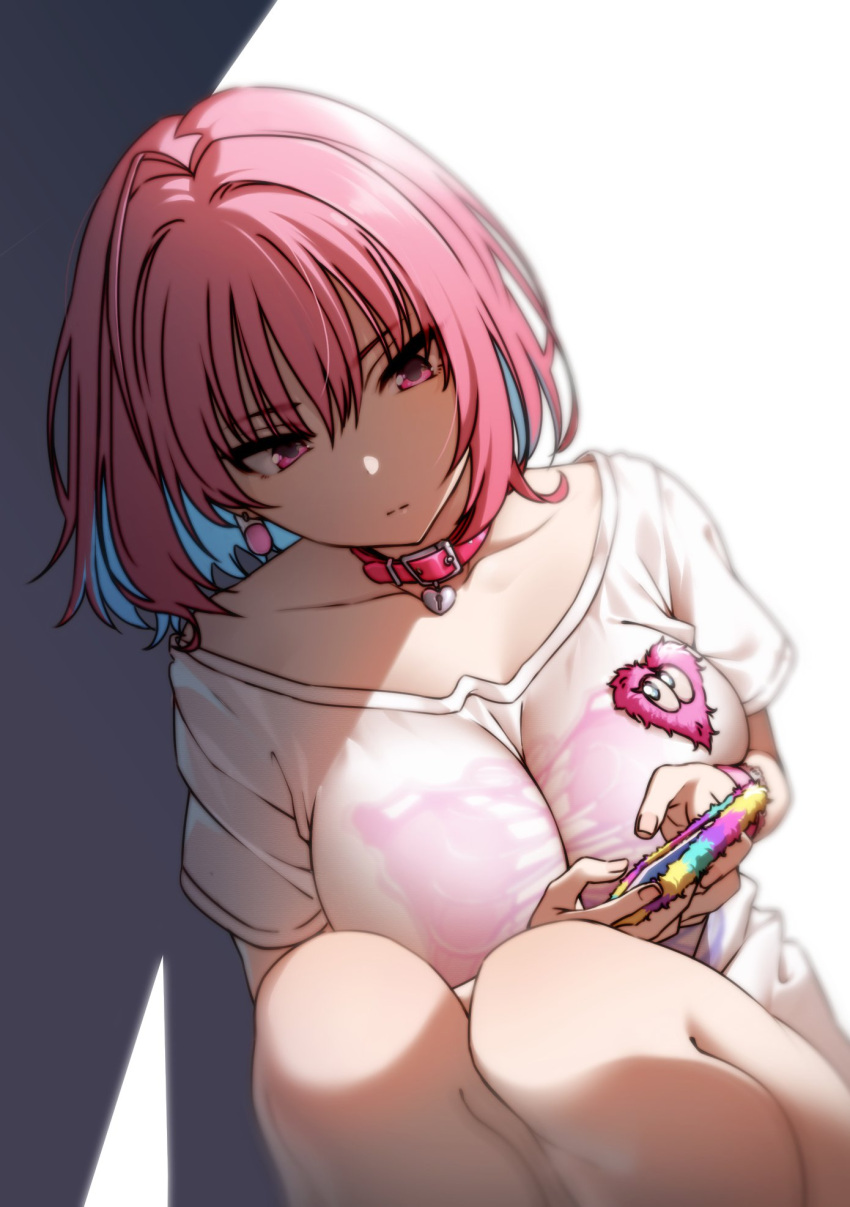 1girl, ahoge, bangs, blue_hair, blurry, breasts, closed_mouth, collar