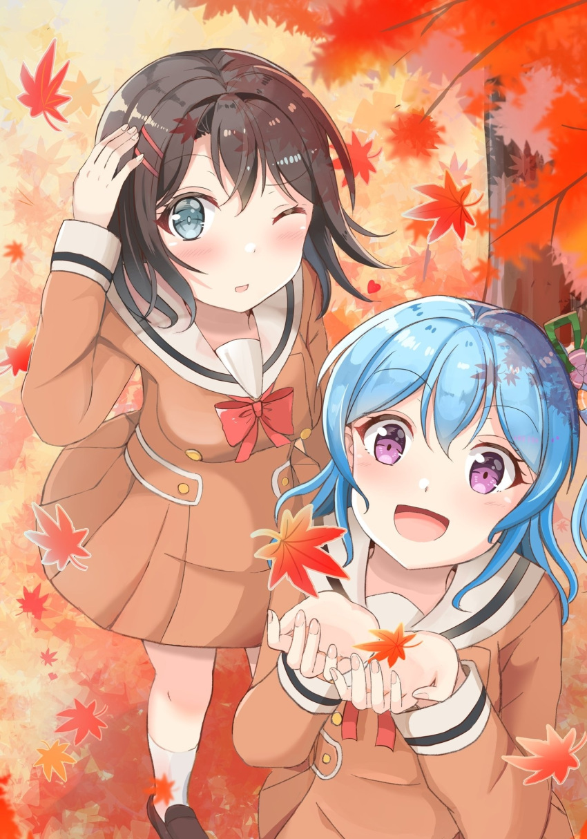 2girls, autumn_leaves, bang_dream!, black_hair, character_hair_ornament, grey_eyes, hair_ornament, hairclip, hanasakigawa_school_uniform, highres, leaf, light_blue_hair, long_hair, long_sleeves, maple_leaf, matsubara_kanon, medium_hair, mmakesou, multiple_girls, okusawa_misaki, one_eye_closed, one_side_up, open_mouth, sailor_collar, school_uniform, violet_eyes