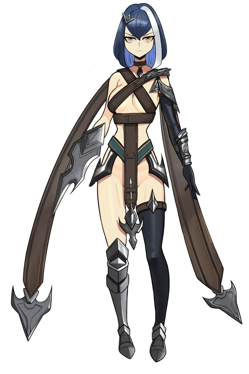 1girl, absurdres, arm_blade, armor, assassin, bare_shoulders, black_gloves, black_legwear