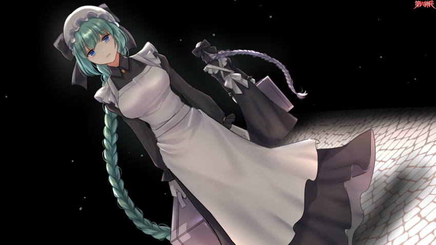 2girls, amata_primus, arms_at_sides, black_background, black_bow, blue_eyes, bow, braid, breasts, dairoku_youhei, dutch_angle, gloves, green_hair, grey_hair, hair_bow, hat, highres, kusunokinawate, long_hair, long_sleeves, looking_at_viewer, luggage, maid, medium_breasts, mob_cap, multiple_girls, official_art, simple_background, standing, utility_kernel, very_long_hair, watermark, white_gloves