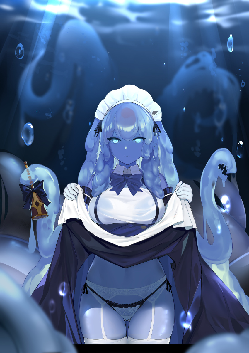 1girl, absurdres, apron, black_dress, black_panties, blue_eyes, blue_slime, breasts