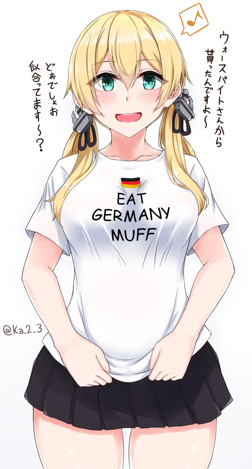 1girl, absurdres, alternate_costume, anchor_hair_ornament, aqua_eyes, bangs, black_skirt, blush, breasts, english_text, engrish_text, eyebrows_visible_through_hair, german_flag, hair_between_eyes, hair_ornament, highres, ka_tsumi, kantai_collection, large_breasts, long_hair, musical_note, pleated_skirt, prinz_eugen_(kantai_collection), ranguage, shirt, simple_background, skirt, solo, spoken_musical_note, t-shirt, translation_request, twintails, twitter_username, white_background, white_shirt