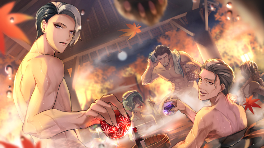 5boys, :d, absurdres, alcohol, autumn_leaves, bangs, beard, brown_hair