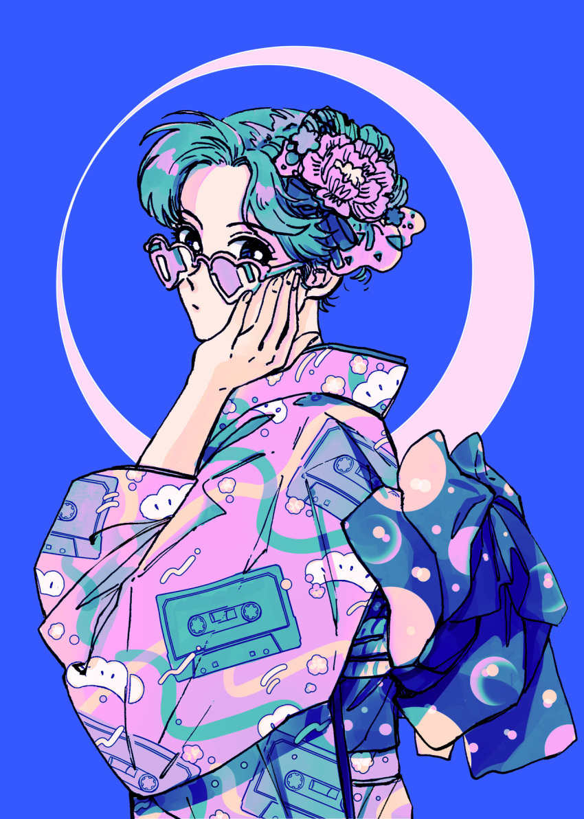 1girl, aqua_hair, billies_(christina_oh), blue_background, cassette_tape, flower, hair_flower, hair_ornament, hand_up, heart, heart-shaped_eyewear, highres, japanese_clothes, kimono, looking_at_viewer, obi, original, pink_flower, pink_kimono, print_kimono, retro_artstyle, sash, simple_background, solo, standing, sunglasses