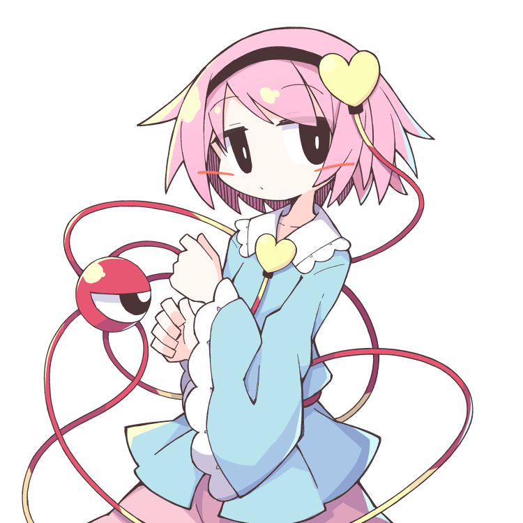 >_<, 2girls, ?, asameshi, black_eyes, black_hairband, blue_shirt, blush_stickers