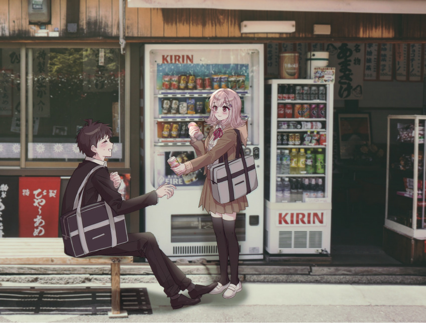 1boy, 1girl, ahoge, bag, bangs, bench, black_jacket, black_pants
