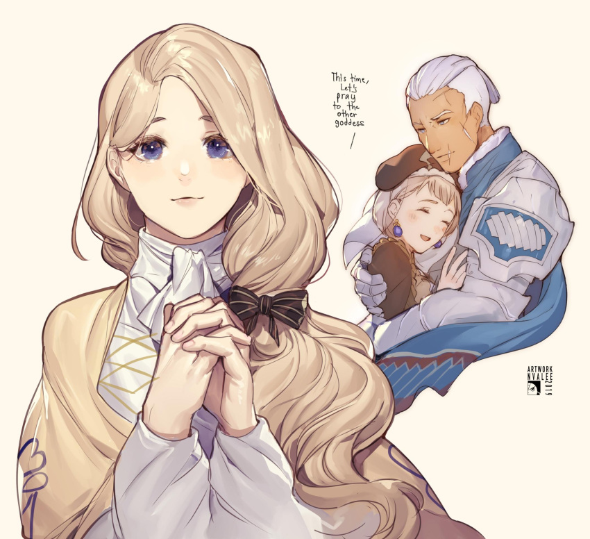 1boy, 1girl, :d, ^_^, armor, beige_background, beige_capelet, beret
