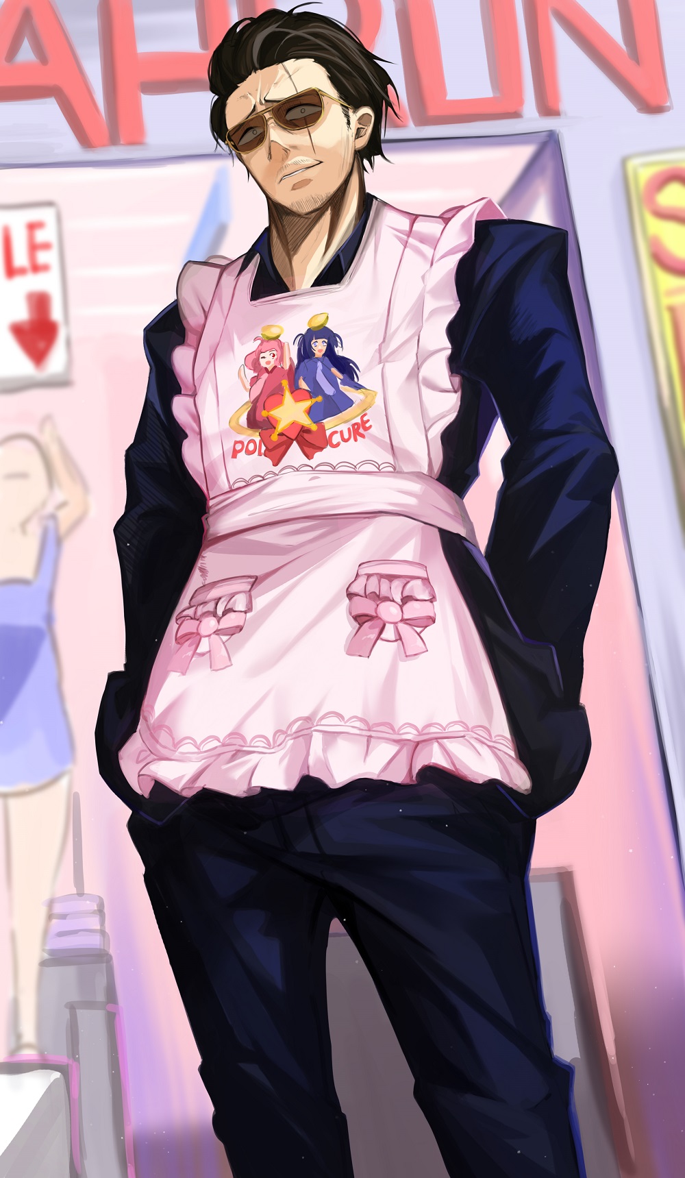 1boy, apron, beard, black_jacket, black_pants, brown_hair, commentary_request, facial_hair