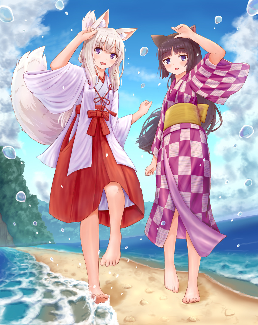 2girls, :d, absurdres, animal_ear_fluff, animal_ears, arm_up, bangs, barefoot