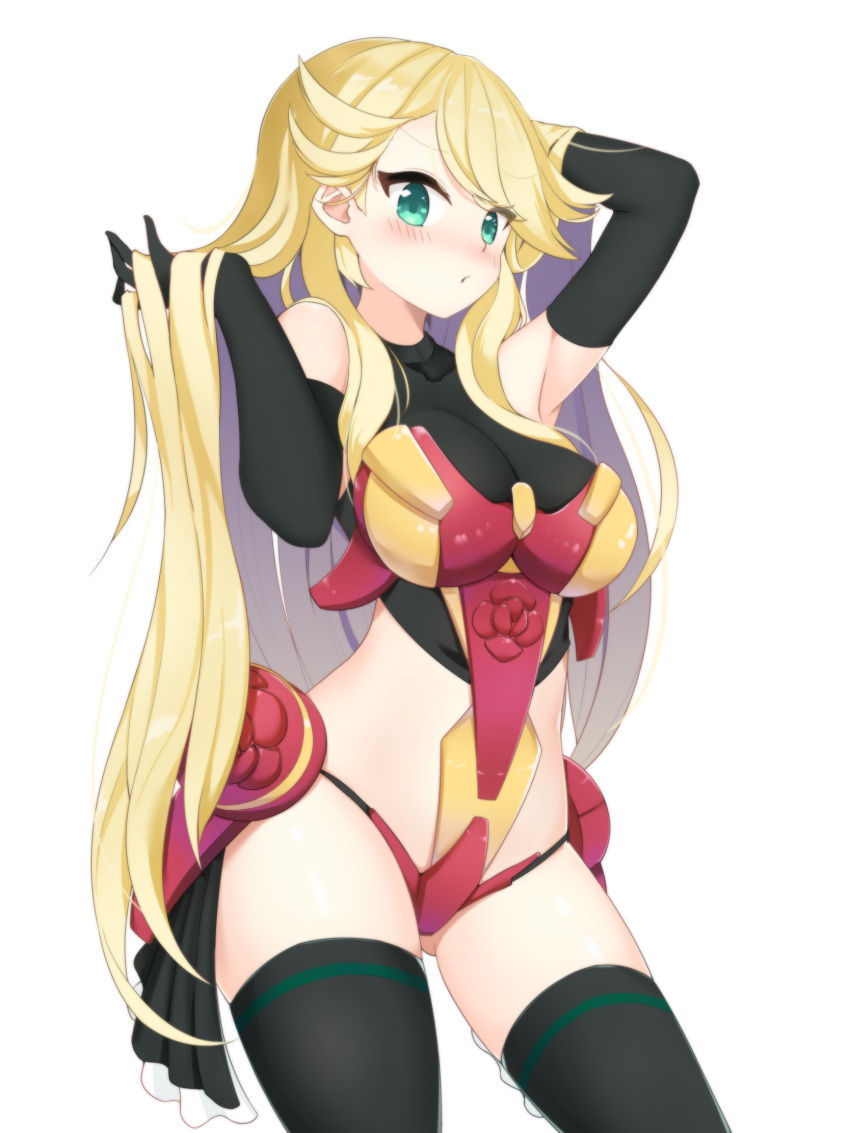 1girl, aqua_eyes, bangs, black_gloves, black_legwear, blonde_hair, breasts, cowboy_shot