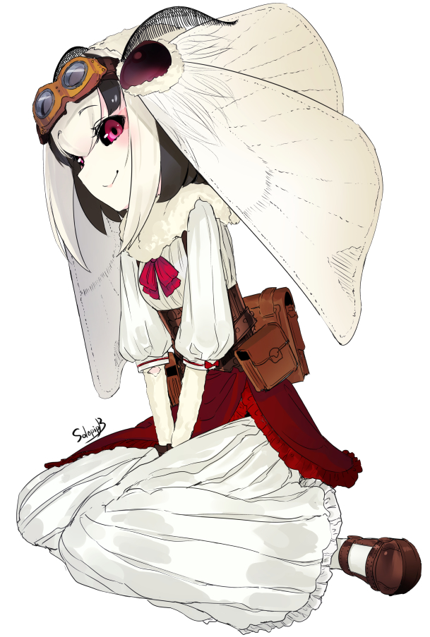 1girl, bag, dress, goggles, goggles_on_head, insect_girl, looking_at_viewer, monster_girl, moth_girl, original, simple_background, sitting, smile, solo, solopipb, violet_eyes, wariza, white_background, white_skin