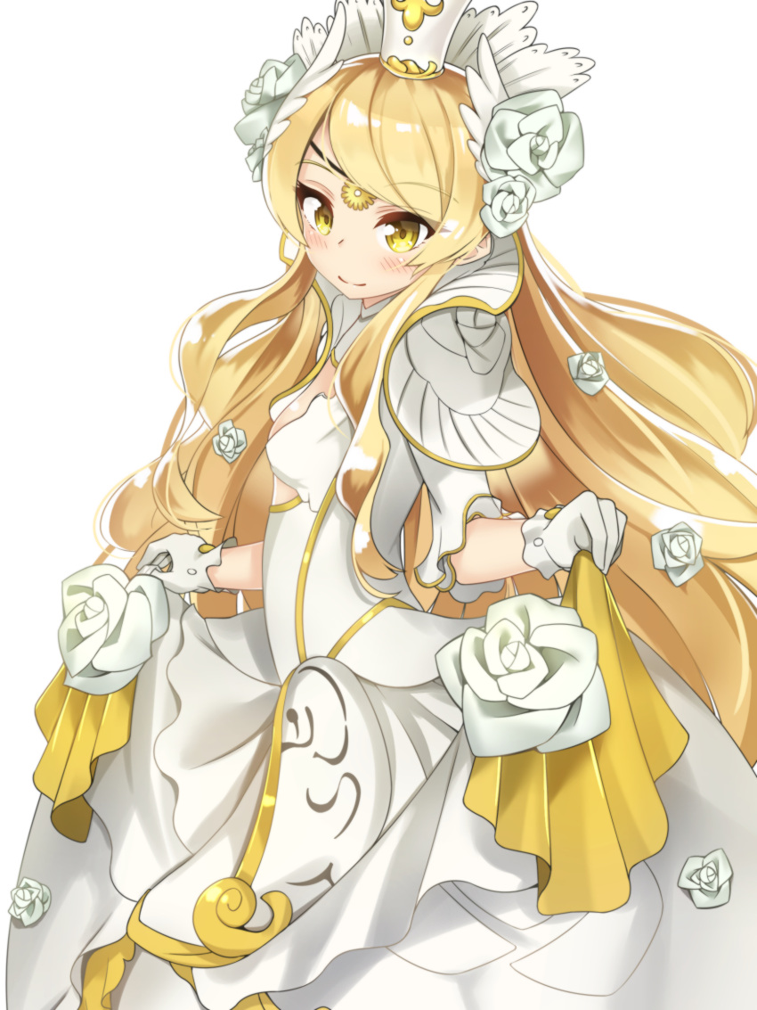 1girl, aphrodite_(nyanko_daisensou), blonde_hair, breasts, crown, curtsey, dress, eyebrows_visible_through_hair