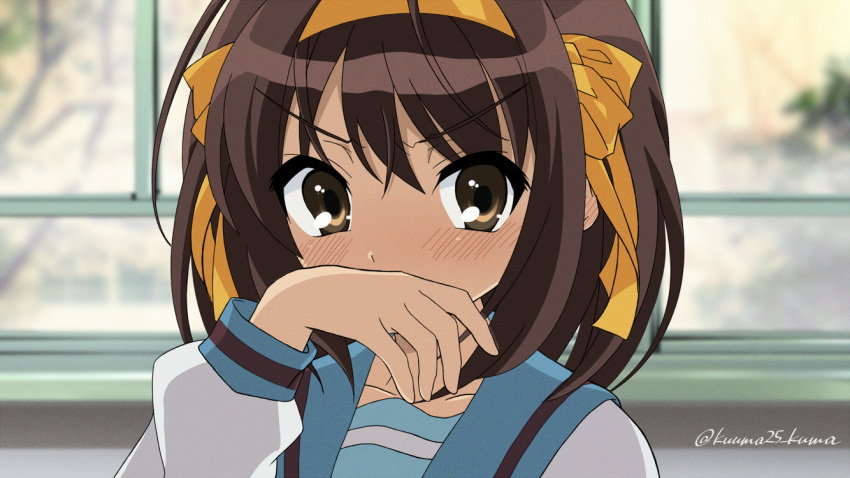1girl, blue_sailor_collar, blurry, brown_eyes, brown_hair, commentary_request, depth_of_field, embarrassed