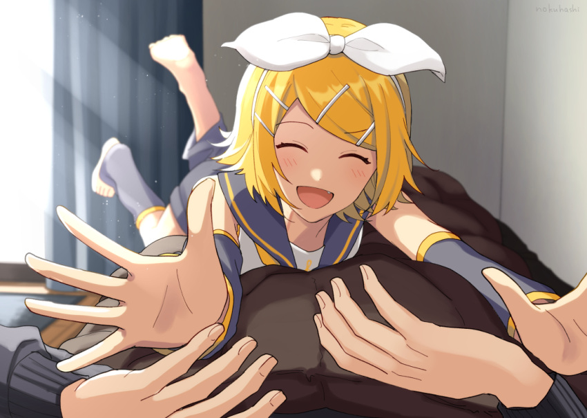 1girl, arm_warmers, bangs, barefoot, blonde_hair, bow, closed_eyes, collar