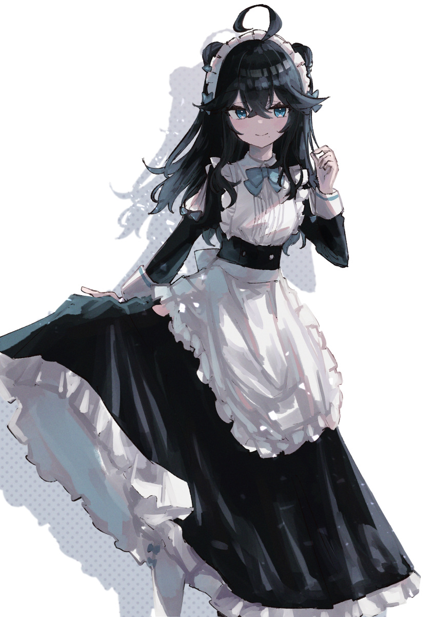1girl, absurdres, ahoge, apron, bangs, black_hair, blue_eyes, collared_shirt