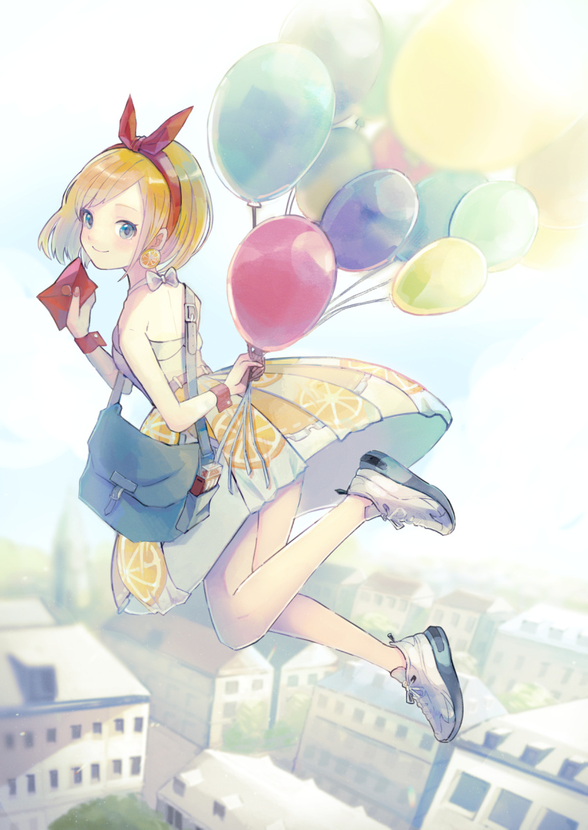 1girl, arm_behind_back, backless_dress, backless_outfit, bag, balloon, belt, blonde_hair