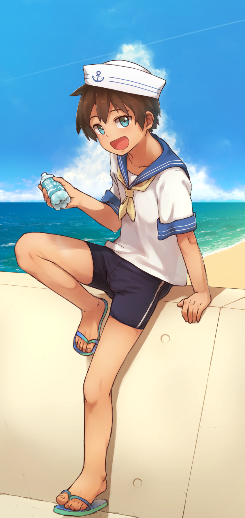 1boy, absurdres, beach, blue_eyes, blush, brand_name_imitation, brown_hair, day