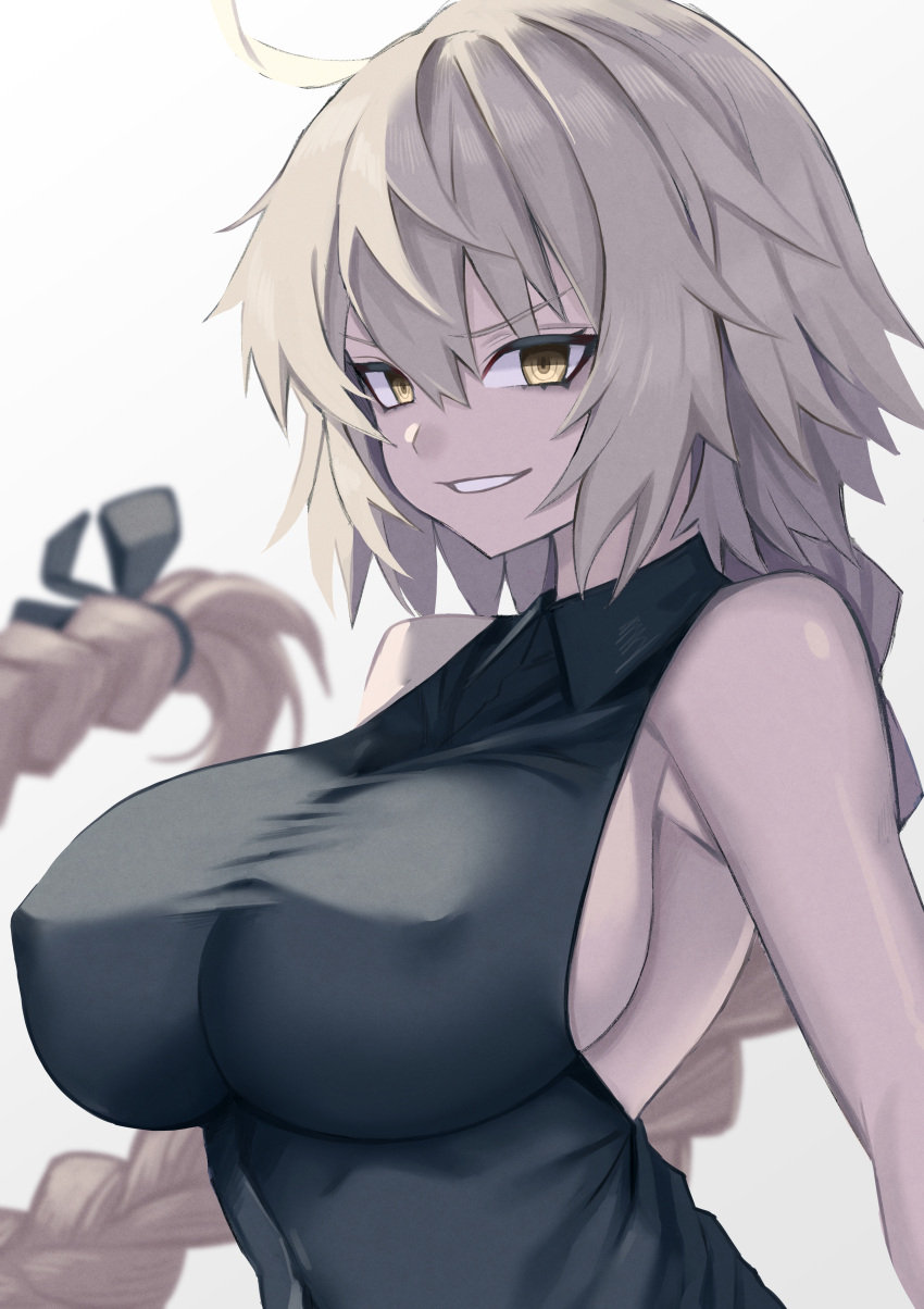 1girl, absurdres, ahoge, alternate_hairstyle, bangs, black_ribbon, blurry, blurry_background, braid, breasts, commentary_request, covered_navel, depth_of_field, eyebrows_visible_through_hair, fate/grand_order, fate_(series), grin, hair_ribbon, highres, huge_filesize, impossible_clothes, imuzi, jeanne_d'arc_(alter)_(fate), jeanne_d'arc_(fate)_(all), large_breasts, long_hair, looking_at_viewer, pale_skin, parted_lips, ribbon, sideboob, silver_hair, simple_background, single_braid, sleeveless, smile, solo, upper_body, v-shaped_eyebrows, very_long_hair, white_background, yellow_eyes