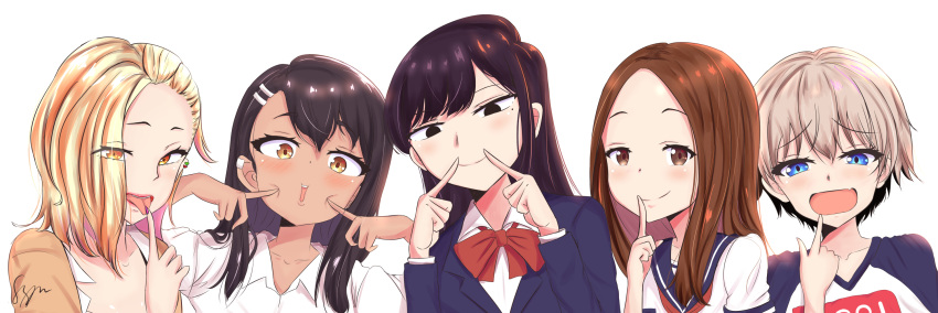 5girls, bangs, black_eyes, black_hair, blonde_hair, blue_eyes, blush, brown_eyes