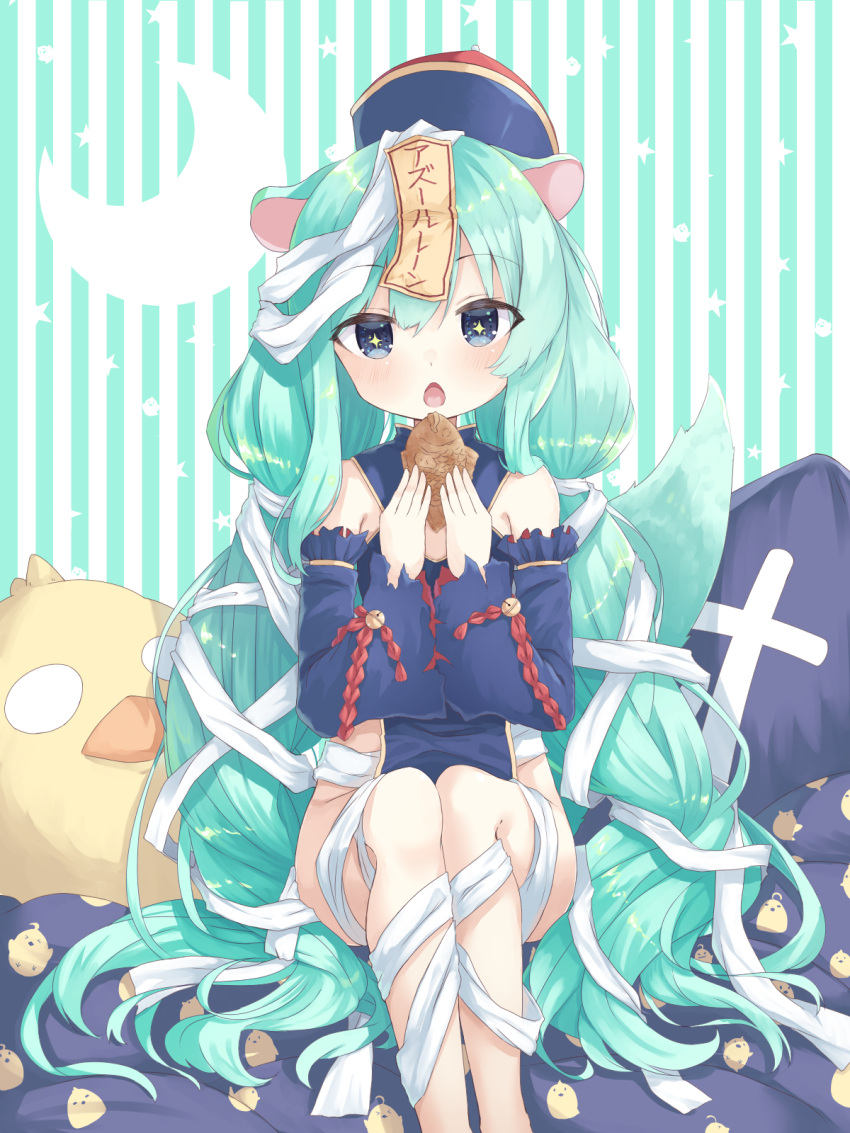 1girl, animal_ears, azur_lane, bandaged_leg, bandages, bell, blue_dress, blue_eyes