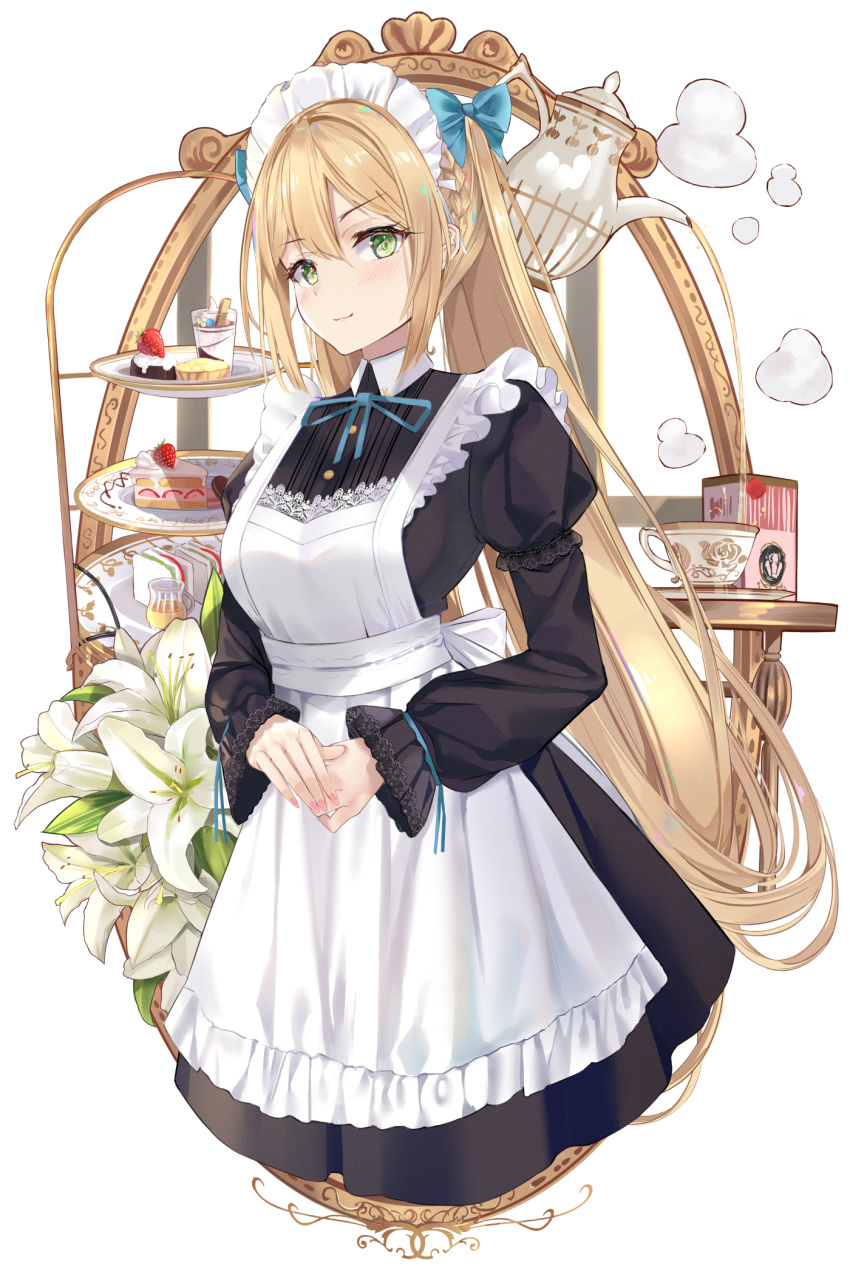 1girl, apron, bangs, black_dress, blue_bow, border, bow, cake