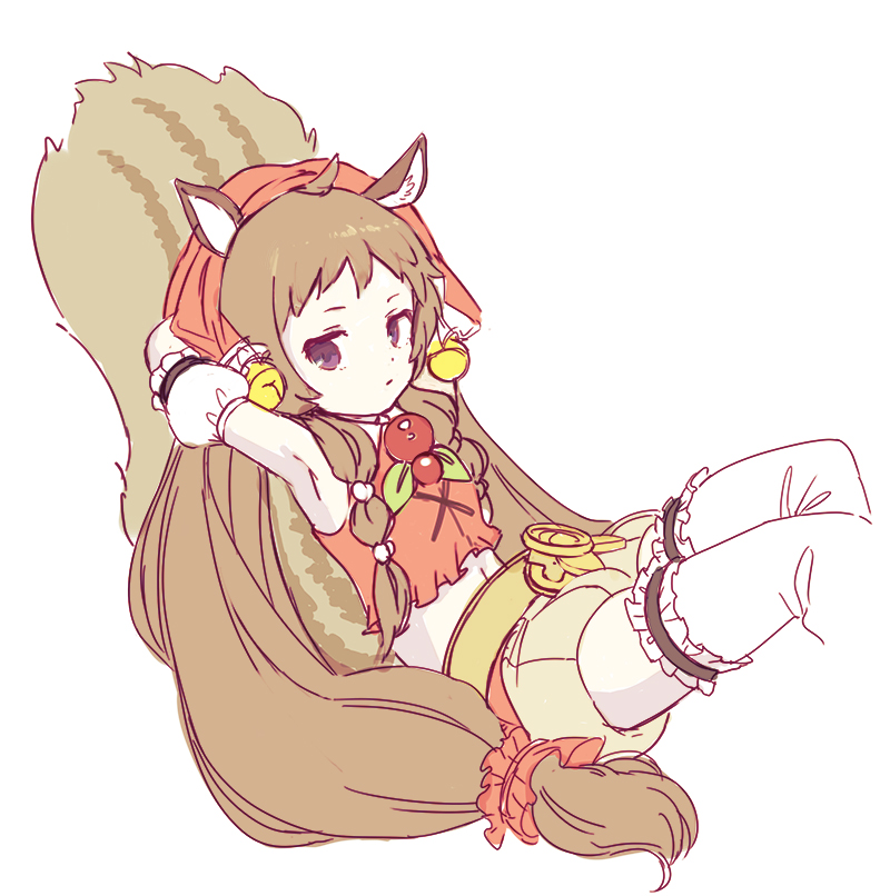 1girl, animal_ears, armpits, arms_behind_head, bell, belt, brown_hair, detached_sleeves, kouka_(mrakano5456), long_hair, princess_connect!, princess_connect!_re:dive, reclining, redhead, rin_(princess_connect!), shorts, simple_background, solo, squirrel_ears, squirrel_tail, tail, thigh-highs, twintails, violet_eyes, white_background