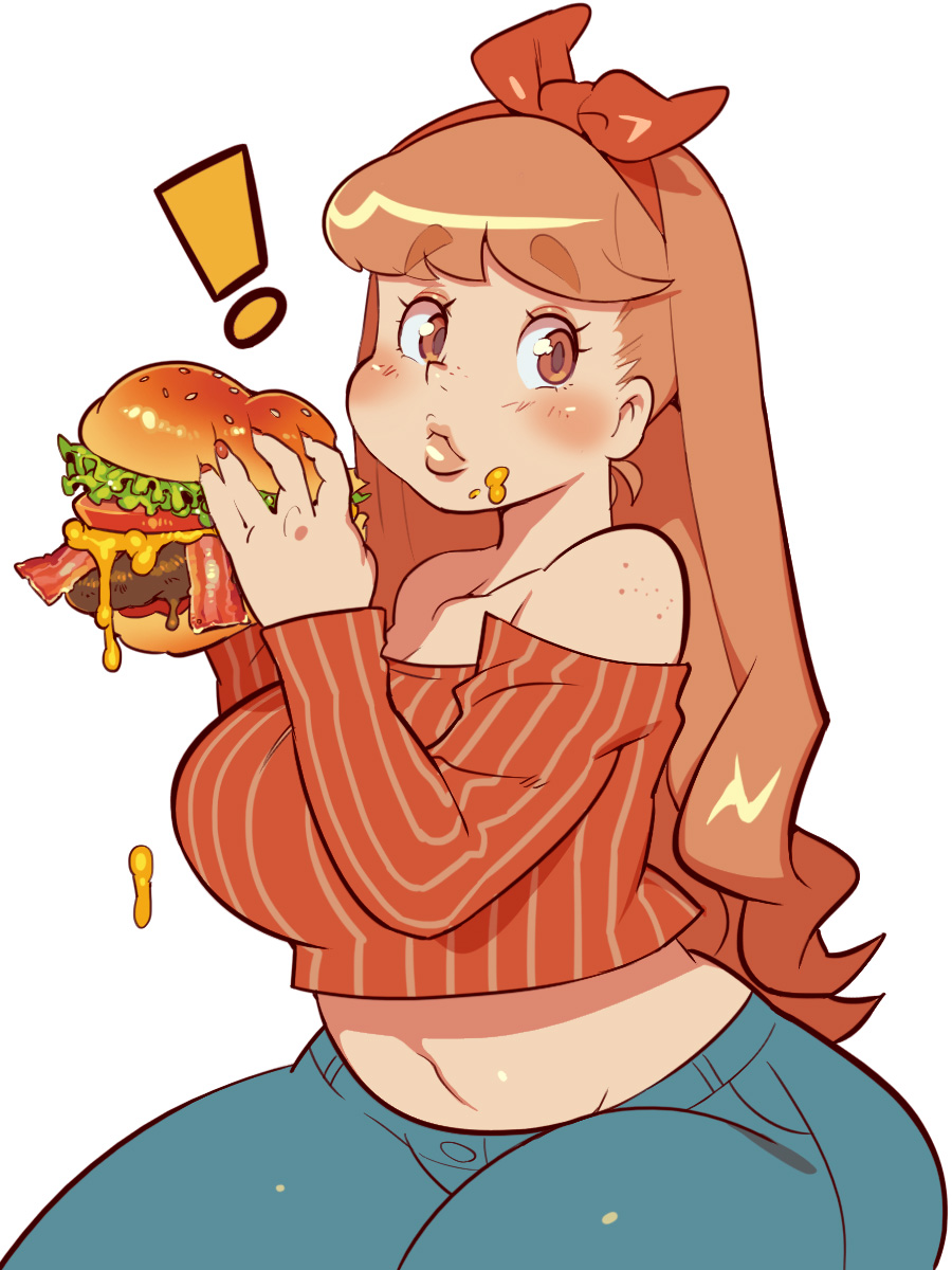 !, 1girl, bacon, bangs, blue_pants, blush, bow, brown_hair, cheese, cowboy_shot, crop_top, eating, eyebrows_visible_through_hair, food, food_on_face, hair_bow, hairband, hamburger, highres, holding, holding_food, lettuce, long_hair, long_sleeves, meat, midriff, navel, off-shoulder_shirt, off_shoulder, original, pants, plump, red_bow, red_eyes, red_hairband, red_nails, red_shirt, sanjiro_(tenshin_anman), shirt, simple_background, solo, striped, striped_shirt, thick_thighs, thighs, tomato, white_background