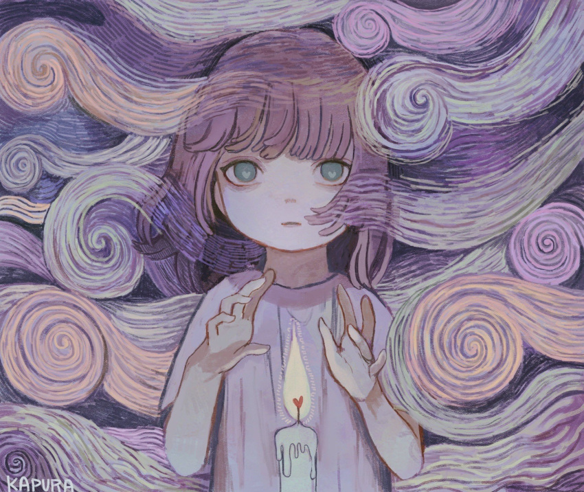 1girl, aqua_eyes, bangs, candle, fire, hands_up, heart, heart-shaped_pupils