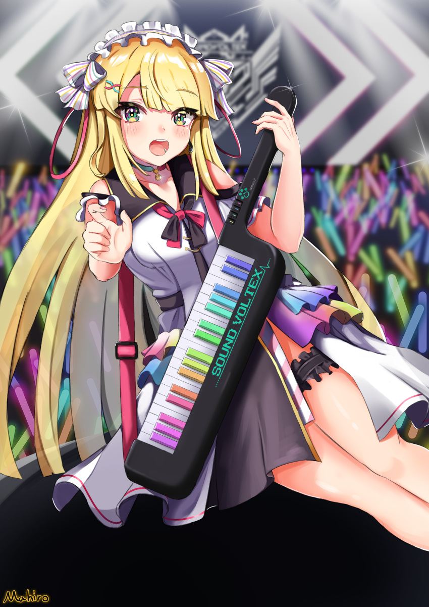 1girl, absurdres, bangs, bare_shoulders, bell, blonde_hair, blush, bow, breasts, choker, dress, eyebrows_visible_through_hair, frills, glowstick, green_eyes, hair_between_eyes, hair_ornament, headband, highres, holding, holding_instrument, instrument, keytar, kougei_ciel_nana, long_hair, looking_at_viewer, medium_breasts, multicolored, multicolored_eyes, open_mouth, ribbon, sleeveless, sleeveless_dress, solo, sound_voltex, stage, strap, tagme, thigh_strap, tunamogumogu, white_dress