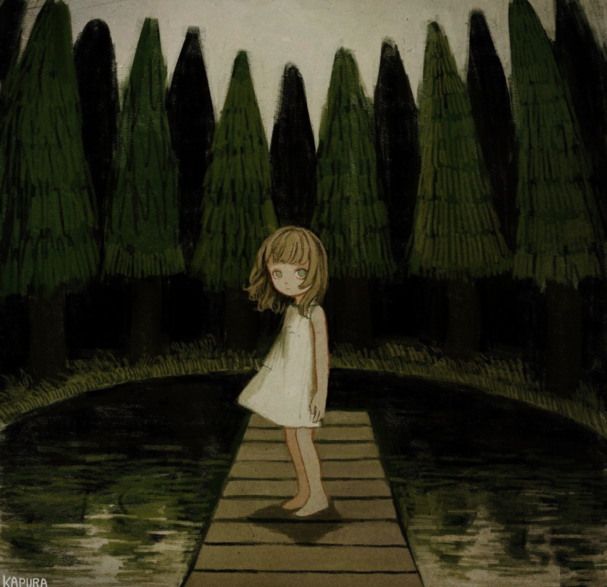 1girl, barefoot, brown_hair, dress, green_eyes, highres, kapura, long_hair