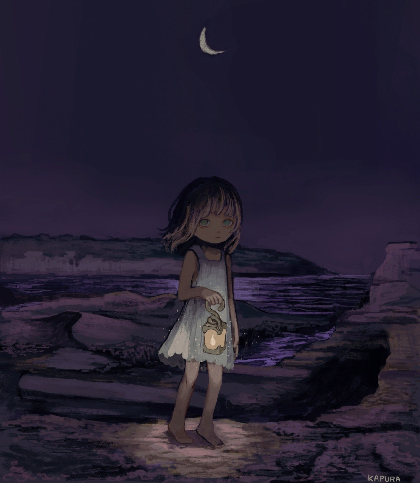 1girl, bangs, barefoot, brown_hair, crescent_moon, dark, dress, glowing