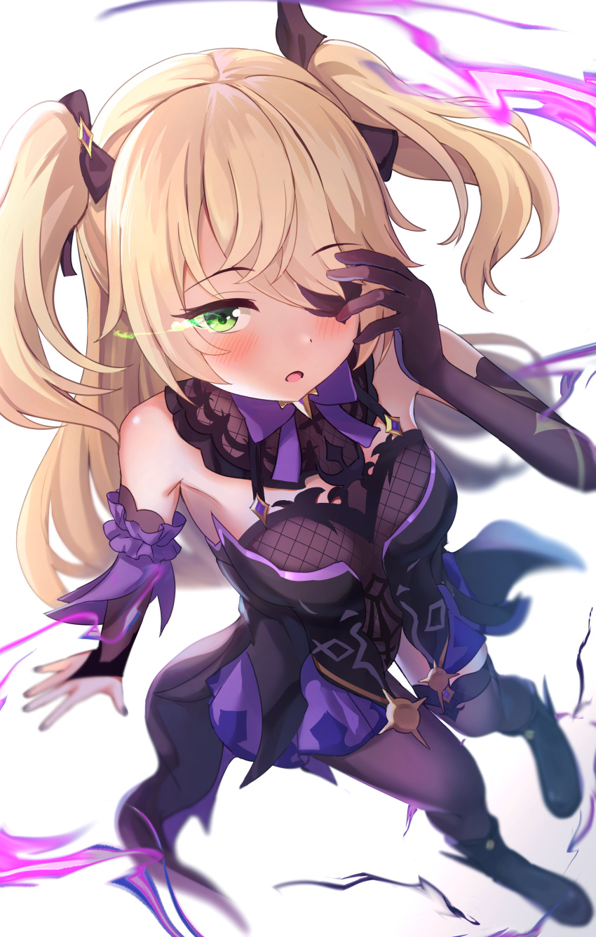 1girl, absurdres, arm_scrunchie, black_nails, black_ribbon, blonde_hair, blurry, bodystocking, bodysuit, bow, bowtie, brown_sleeves, depth_of_field, detached_collar, dress, elbow_gloves, eyepatch, fischl_(genshin_impact), fishnet_bodysuit, fishnets, from_above, full_body, genshin_impact, gloves, glowing, glowing_eye, green_eyes, hair_over_one_eye, hair_ribbon, highres, long_hair, looking_at_viewer, onikokko, open_mouth, purple_bow, purple_dress, purple_neckwear, ribbon, single_glove, single_leg_pantyhose, single_thighhigh, solo, thigh-highs, two_side_up