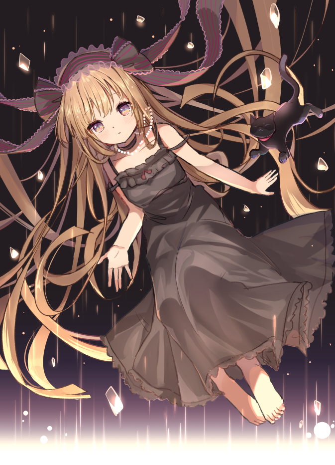 1girl, animal, bangs, bare_shoulders, barefoot, black_cat, black_dress, blonde_hair, cat, choker, dress, eyebrows_visible_through_hair, floating, frills, goma_(u_p), hair_ribbon, headband, jewelry, kougei_ciel_nana, long_hair, multicolored, multicolored_eyes, necklace, pearl_necklace, rainbow_eyes, ribbon, solo, sound_voltex, tagme, very_long_hair