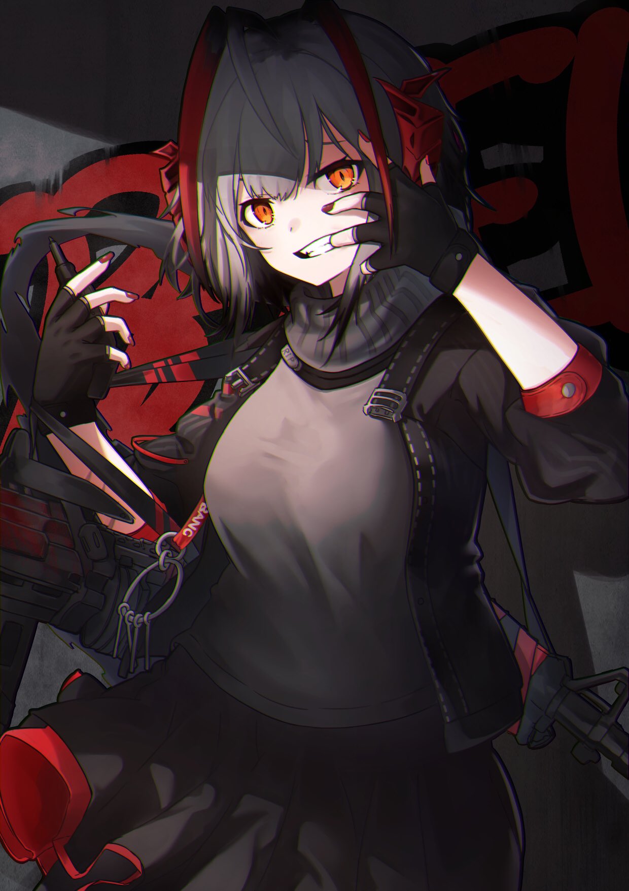 1girl, arknights, bangs, black_gloves, black_jacket, black_skirt, breasts, commentary_request